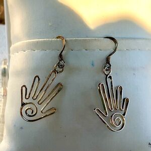 Unusual open hands sterling silver dangle earrings